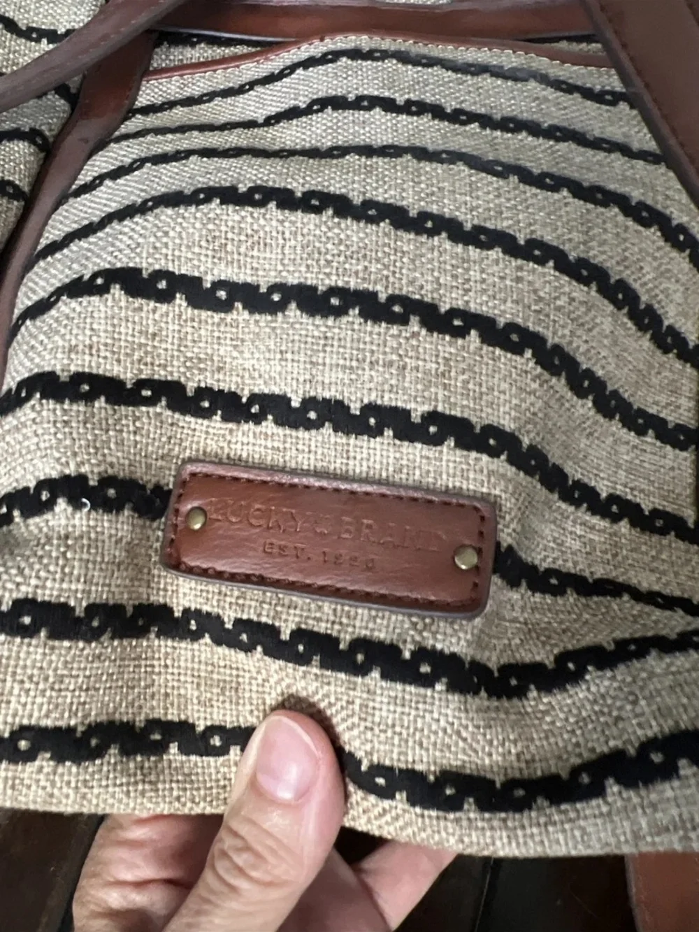 Lucky Brand Kendal Striped Canvas & Brown Leather Drawstring Backpack